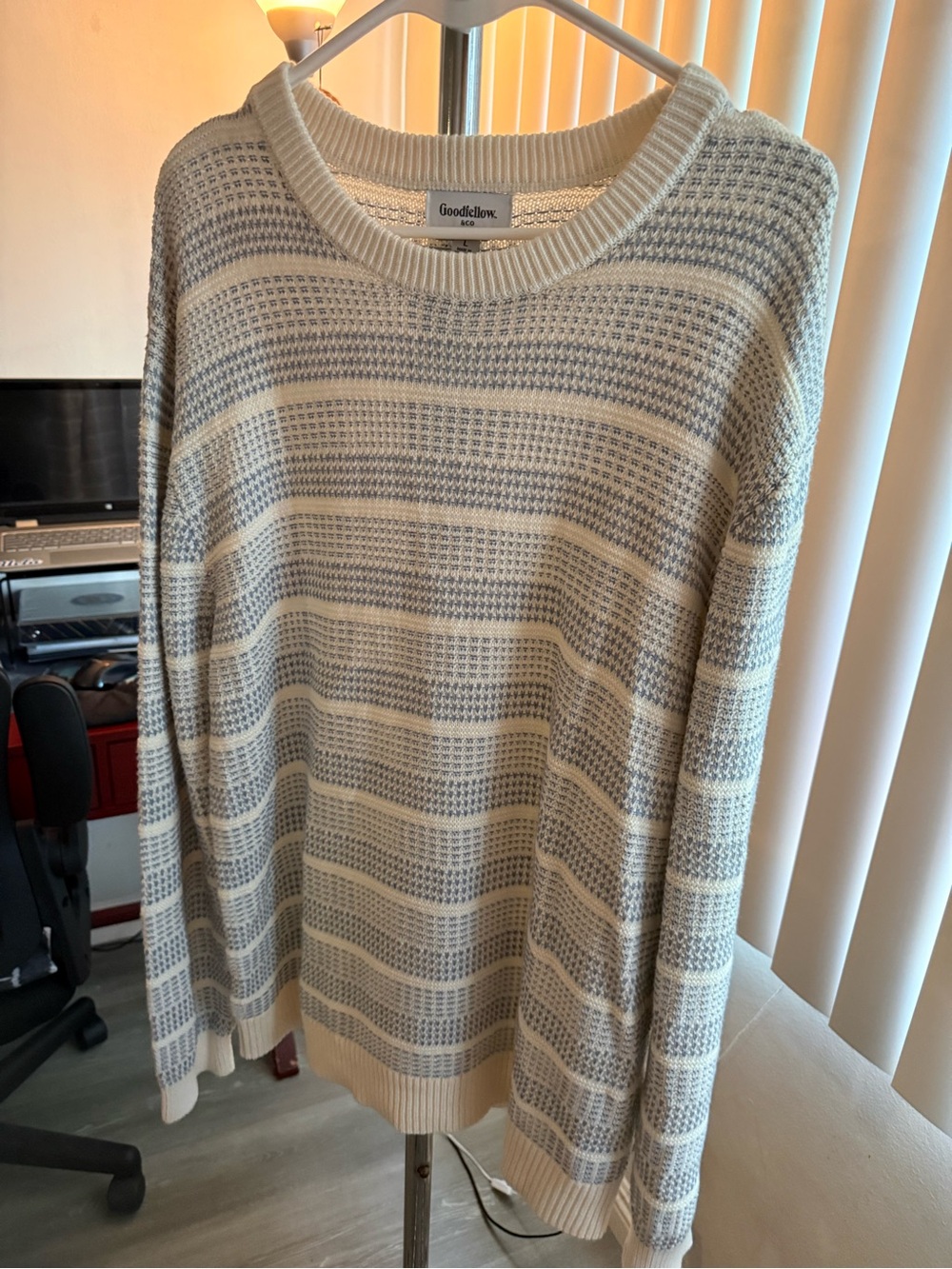 Goodfellow & Co Cream and Light Gray Striped Waffle Knit Sweater